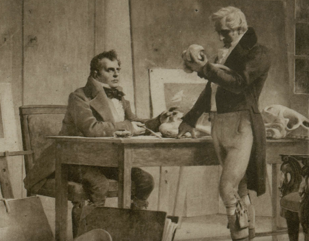 Painting of two men at desk examining fossils